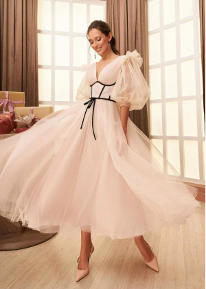 Nude Pink Pleated Tulle Midi Party Dress With Removable Corset